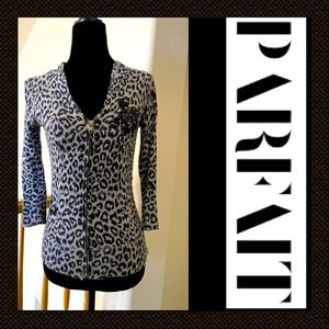 “PARFAIT” Gray Embellished Leopard-Print Hooded Zip-Up Cardigan